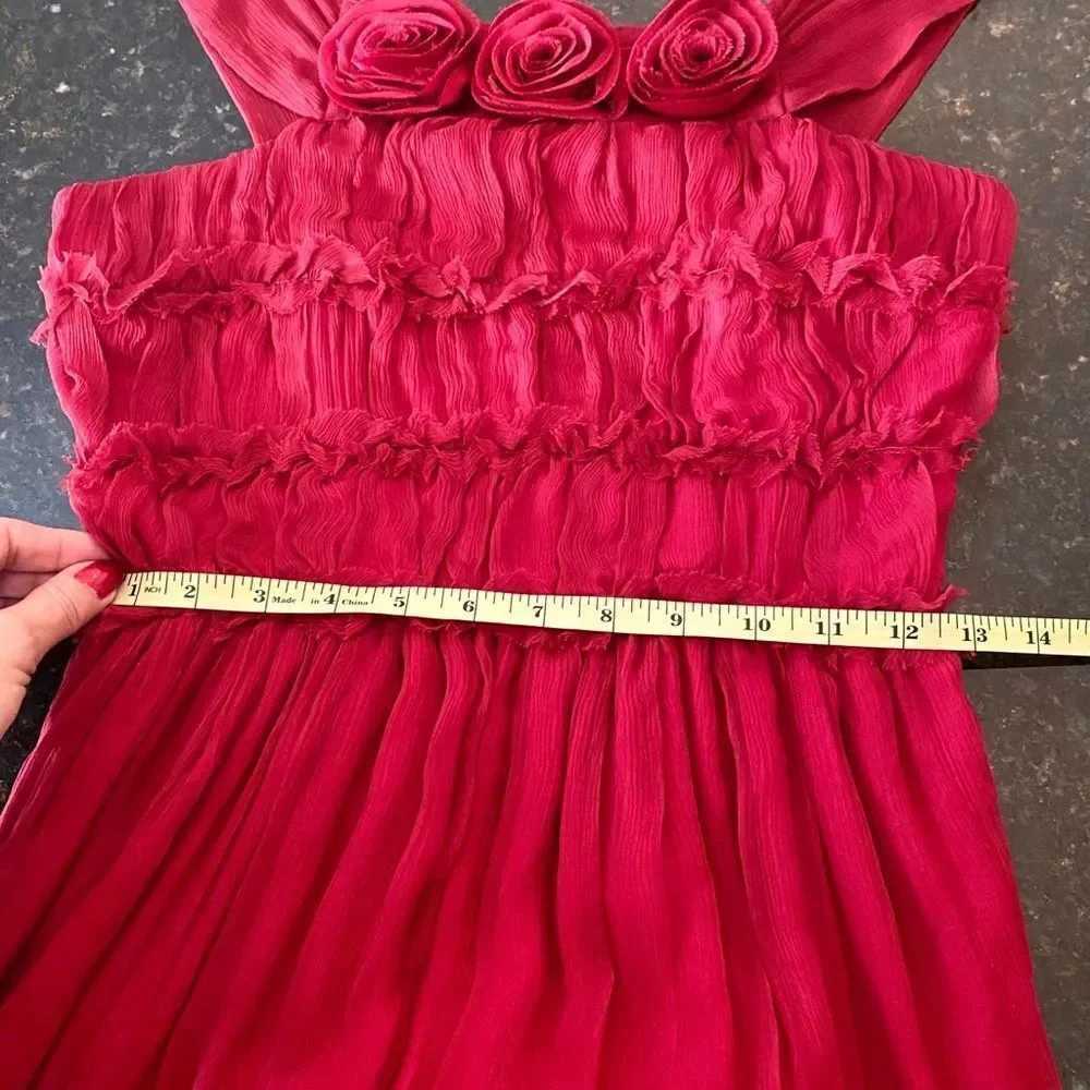 Burlapp Sz 4 💯 Silk Rosette Limed Red Dress - Picture 12 of 13